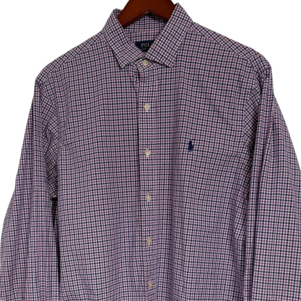 Polo Ralph Lauren Mens Large Purple Navy Gingham Cotton Button Down Shirt L